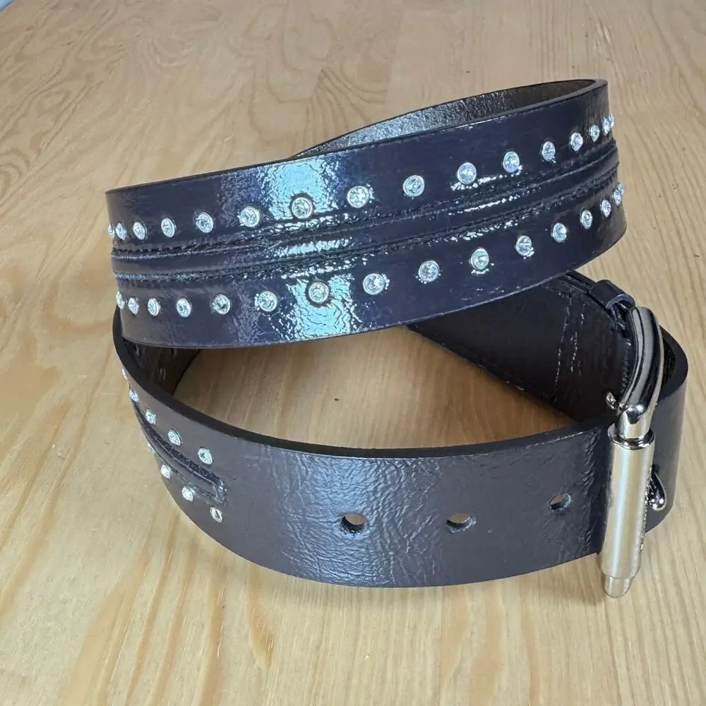 Michael Kors Womens Belt Brown Patent Leather Studded Rhinestones Glam Y2K M 90s
